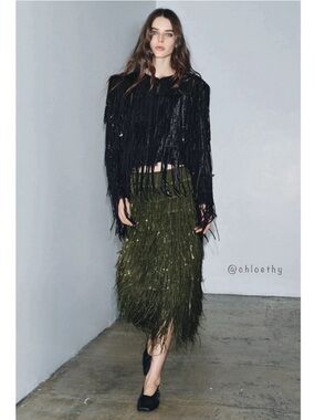 NWT Zara Olive Green Fringe Midi Skirt